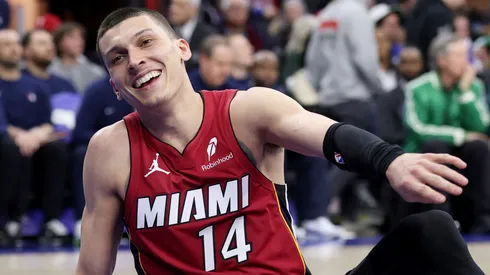 Tyler Herro #14 of the Miami Heat reacts after falling on the court.