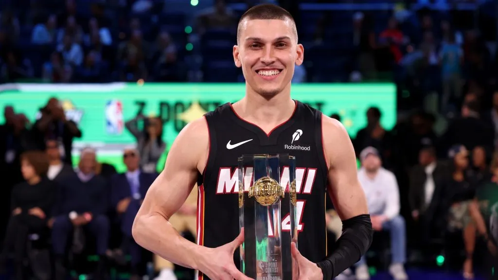Tyler Herro #14 of the Miami Heat poses with the trophy after winning the 2025 Starry 3-Point Contest as part of the State Farm All-Star Saturday Night at Chase Center on February 15, 2025. (Source: Ezra Shaw/Getty Images)