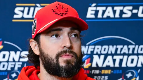 Drew Doughty #89 of Canada takes questions during media day ahead of the 2025 NHL 4 Nations Face-Off at the Bell Centre on February 11, 2025 in Montreal, Quebec, Canada.