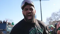 Jordan Mailata #68 of the Philadelphia Eagles celebrates with fans during the Philadelphia Eagles Super Bowl Championship Parade on February 14, 2025 in Philadelphia, Pennsylvania.