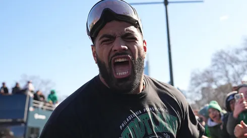 Jordan Mailata #68 of the Philadelphia Eagles celebrates with fans during the Philadelphia Eagles Super Bowl Championship Parade on February 14, 2025 in Philadelphia, Pennsylvania.