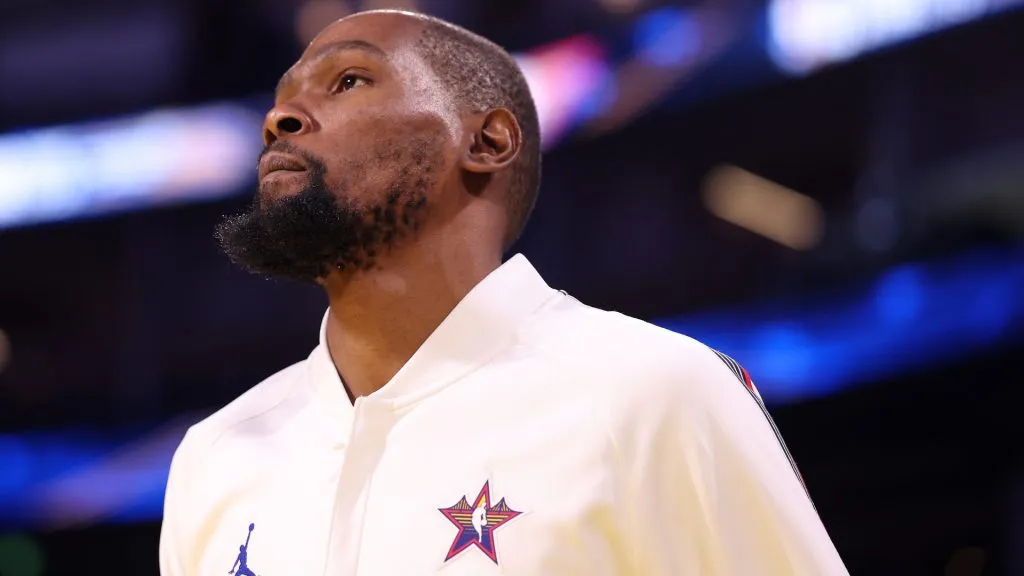 Kevin Durant #35 of the Phoenix Suns and Shaq’s OGs looks on before the 74th NBA All-Star Game at Chase Center. (Ezra Shaw/Getty Images)