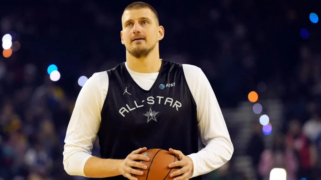 Nikola Jokic #15 of the Denver Nuggets and Chuck’s Global Stars looks on during 2025 NBA All-Star Practice &amp; Media Availability.