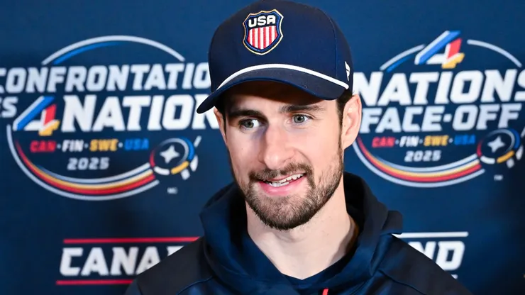 Dylan Larkin #21 of the United States takes questions during media day ahead of the 2025 NHL 4 Nations Face-Off at the Bell Centre on February 11, 2025 in Montreal, Quebec, Canada.
