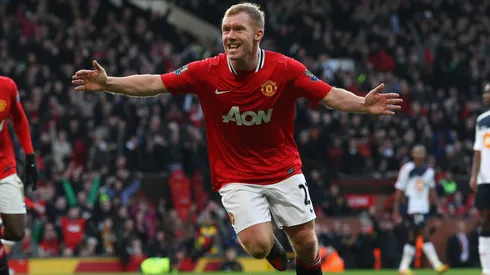 Paul Scholes of Manchester United celebrates after scoring the opening goal during the Barclays Premier League match between Manchester United and Bolton Wanderers.