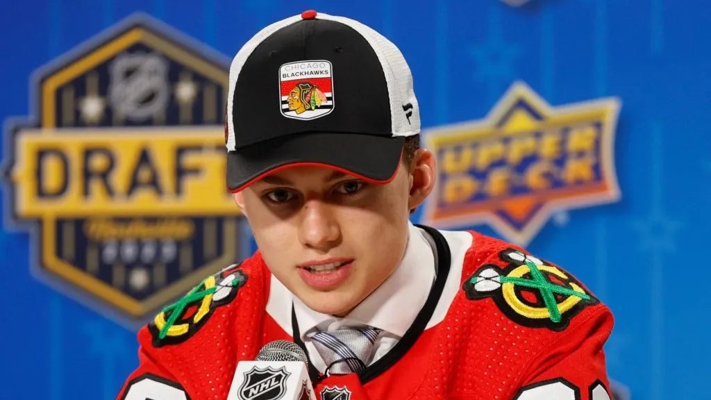 Connor Bedard speaks to the media after being selected by the Chicago Blackhawks with the first overall pick during round one of the 2023 Upper Deck NHL Draft at Bridgestone Arena on June 28, 2023 in Nashville, Tennessee.
