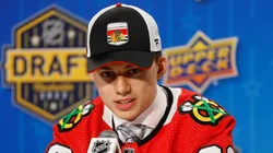 Connor Bedard speaks to the media after being selected by the Chicago Blackhawks with the first overall pick during round one of the 2023 Upper Deck NHL Draft at Bridgestone Arena on June 28, 2023 in Nashville, Tennessee.