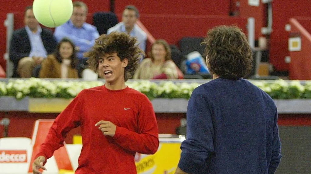 Nadal in action with partner Alex Corretja in a tennis/soccer game against Real Madrid at the ATP Madrid Masters. (Mike Hewitt/Getty Images)