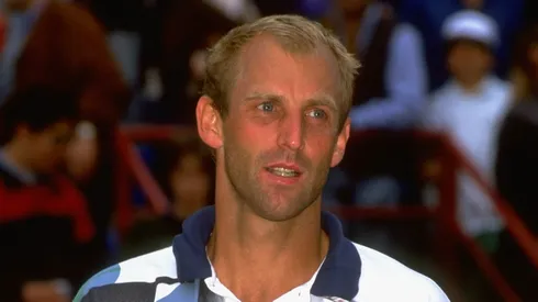 Thomas Muster of Austria holds the trophy after victory in the Italian Open in Rome in 1996