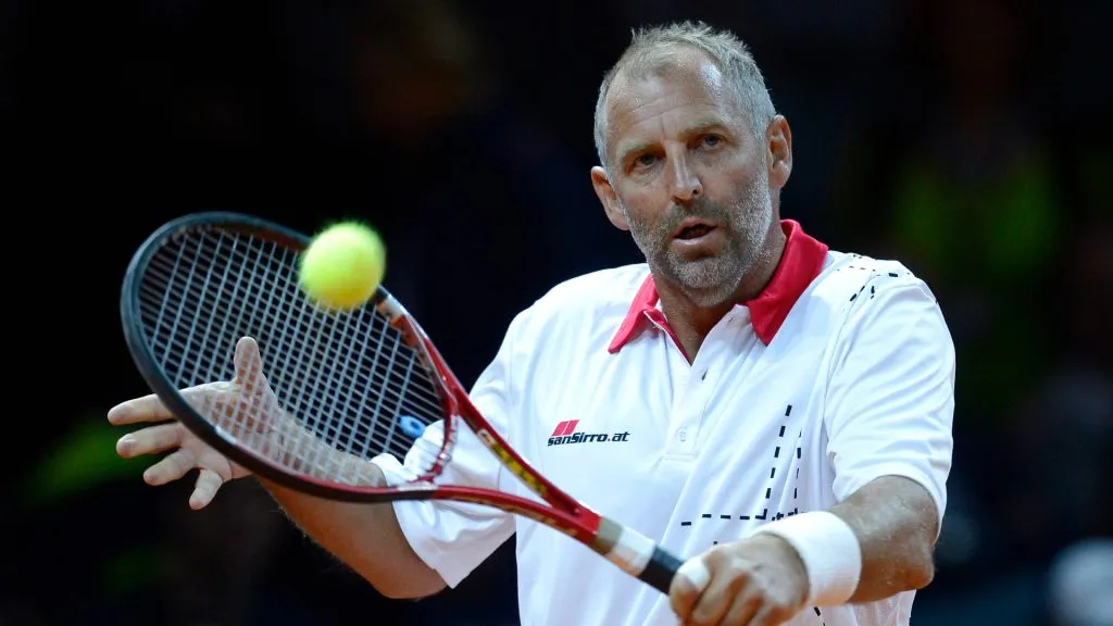 Thomas Muster in 2015 during an exhibition match against Andre Agassi (Daniel Kopatsch/Getty Images)