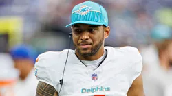 Tua Tagovailoa #1 of the Miami Dolphins on the sidelines during the preseason game against the Houston Texans at NRG Stadium on August 19, 2023 in Houston, Texas.