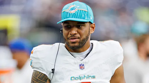Tua Tagovailoa #1 of the Miami Dolphins on the sidelines during the preseason game against the Houston Texans at NRG Stadium on August 19, 2023 in Houston, Texas.