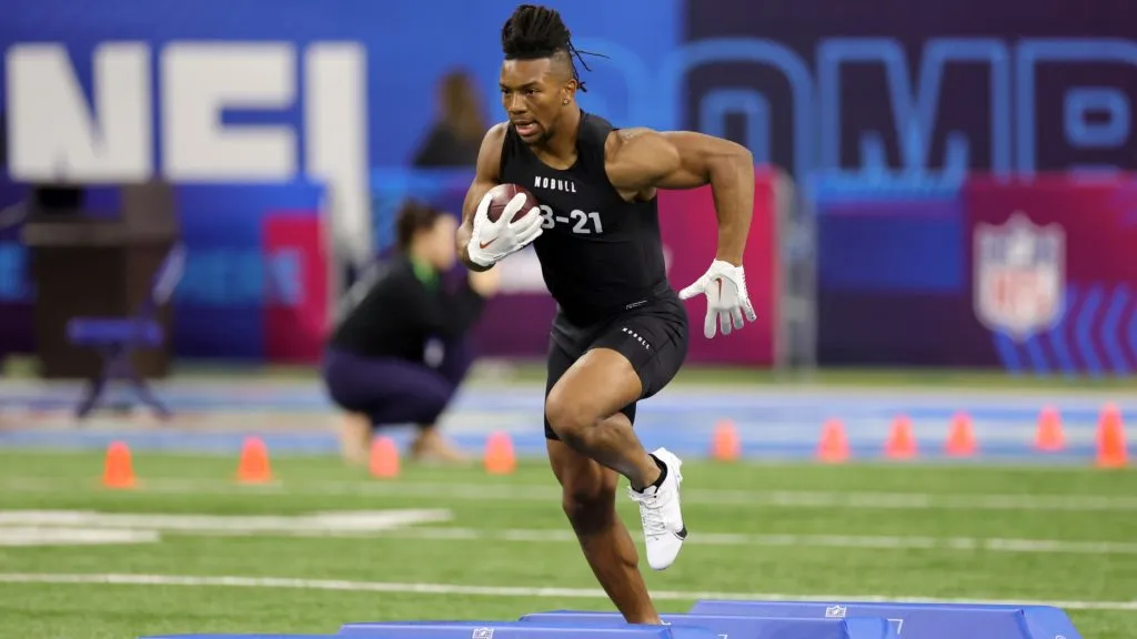 Bijan Robinson of Texas participates in a drill during the NFL Combine at Lucas Oil Stadium on March 05, 2023. (Source: Stacy Revere/Getty Images)
