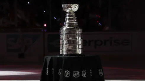 The Stanley Cup sits on the ice prior to Game One of the 2024 Stanley Cup Final between the Florida Panthers and the Edmonton Oilers at Amerant Bank Arena on June 08, 2024.
