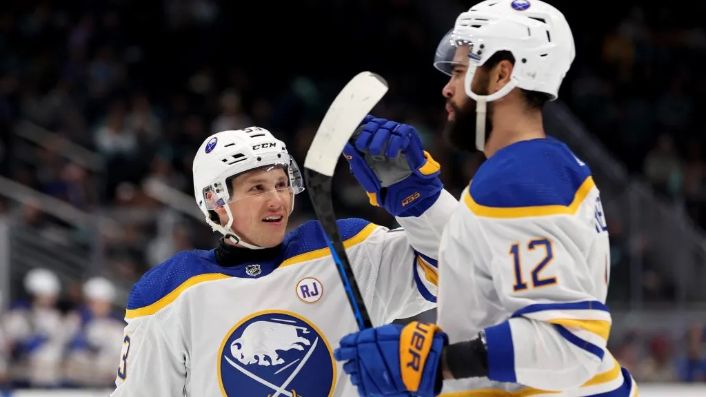 Jeff Skinner #53 of the Buffalo Sabres celebrates his hat trick with Jordan Greenway #12 against the Seattle Kraken during the third period on March 18, 2024. (Source: Steph Chambers/Getty Images)
