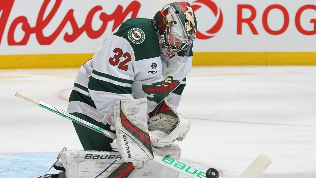Filip Gustavsson #32 of the Minnesota Wild makes a stop against the Toronto Maple Leafs during the second period in an NHL game at Scotiabank Arena on January 29, 2025. (Source: Claus Andersen/Getty Images)