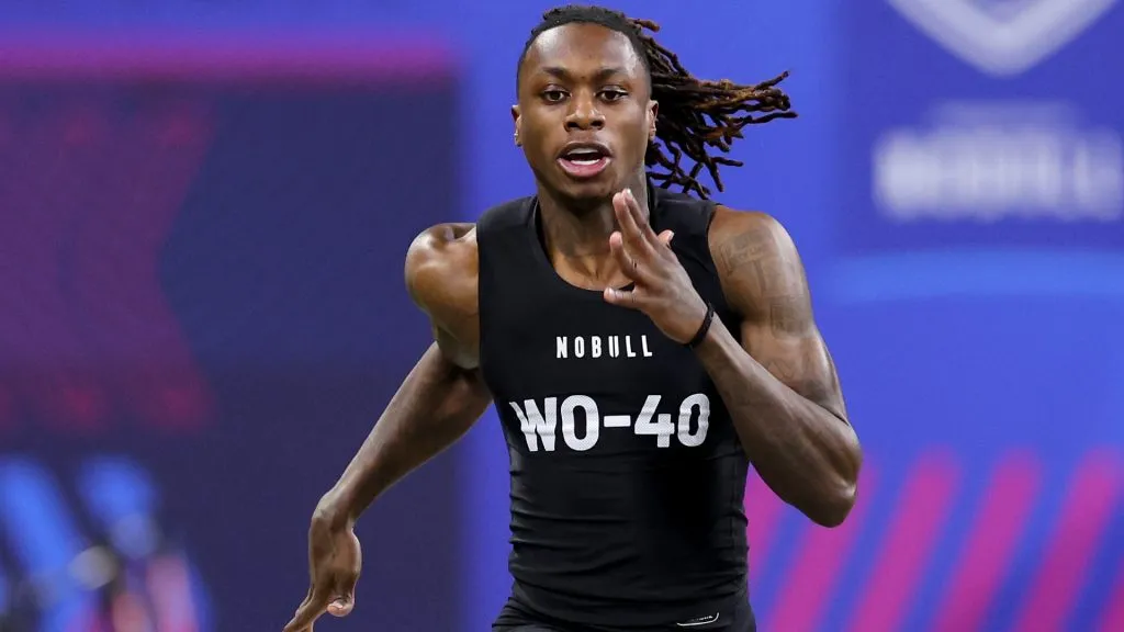 Xavier Worthy #WO40 of Texas participates in the 40-yard dash during the NFL Combine at Lucas Oil Stadium on March 02, 2024. (Source: Stacy Revere/Getty Images)