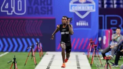 Xavier Worthy #WO40 of Texas participates in the 40-yard dash during the NFL Combine at Lucas Oil Stadium on March 02, 2024.