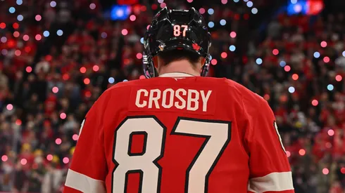 Sidney Crosby #87 of Team Canada warms up prior to a game against Team USA in the 4 Nations Face-Off game at the Bell Centre on February 15, 2025.