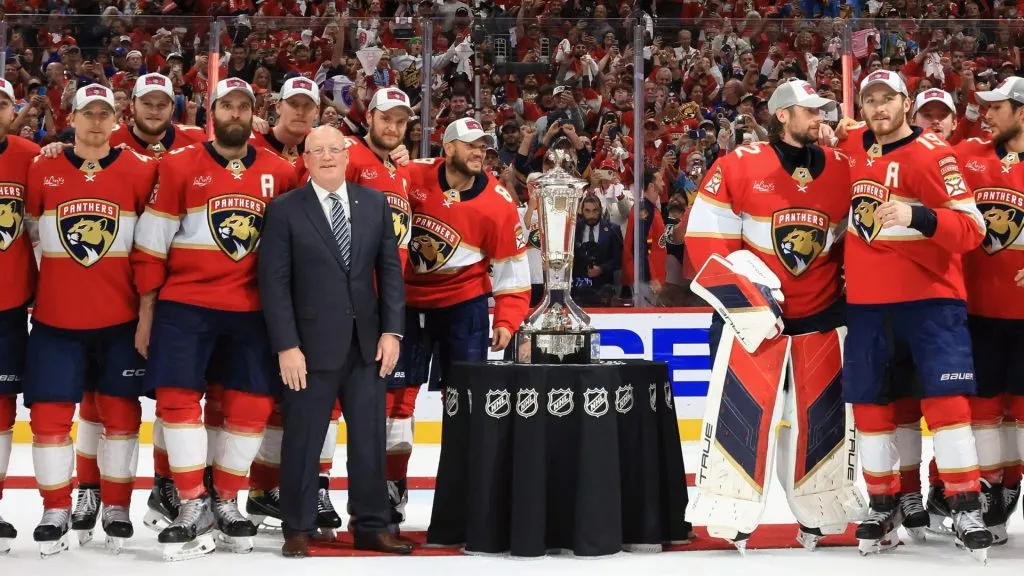 The Florida Panthers accept the Prince of Wales trophy after a series win against the New York Rangers in Game Six of the Eastern Conference Final of the 2024 Stanley Cup Playoffs. (Source: Bruce Bennett/Getty Images)