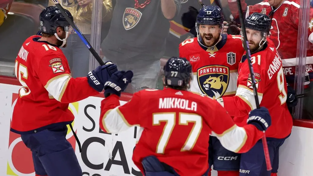 Sam Reinhart #13 of the Florida Panthers celebrates with teammates after scoring a goal during the second period of Game Seven of the 2024 Stanley Cup Final. (Source: Carmen Mandato/Getty Images)