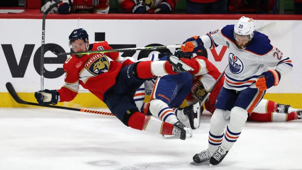 Vladimir Tarasenko #10 of the Florida Panthers collides with Leon Draisaitl #29 of the Edmonton Oilers during the first period in Game Five of the 2024 Stanley Cup Final. (Source: Elsa/Getty Images)