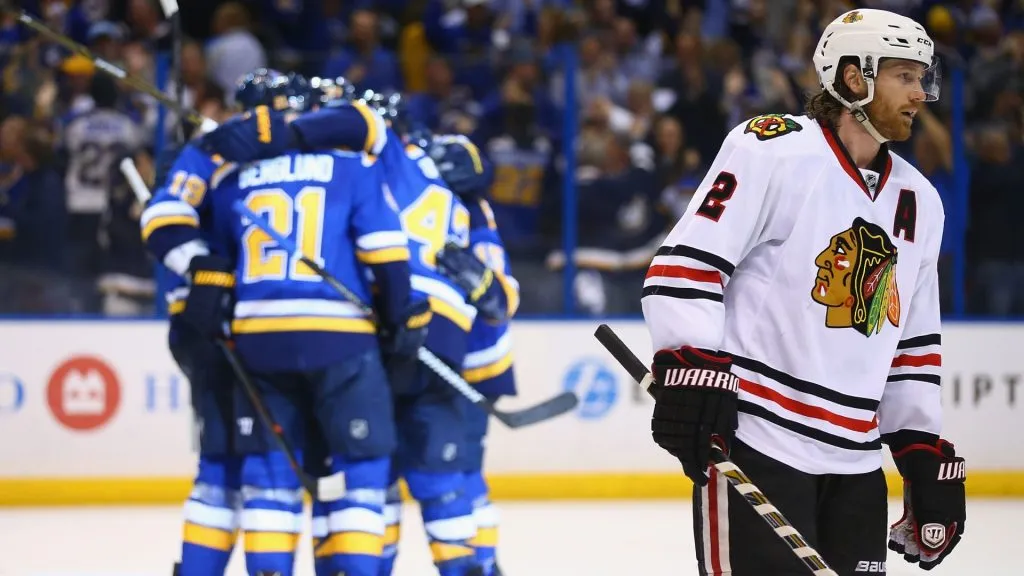 Duncan Keith #2 of the Chicago Blackhawks reacts after the St. Louis Blues scored the game-tying goal in Game Five of the Western Conference First Round during the 2016 NHL Stanley Cup Playoffs. (Source: Dilip Vishwanat/ Getty Images)