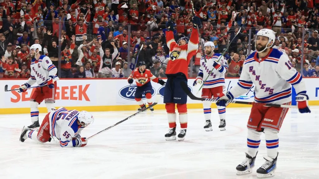 Sam Reinhart of the Florida Panthers celebrates after scoring a goal the game-winning goal in overtime against the New York Rangers in the 2024 Stanley Cup Playoffs. (Source: Bruce Bennett/Getty Images)