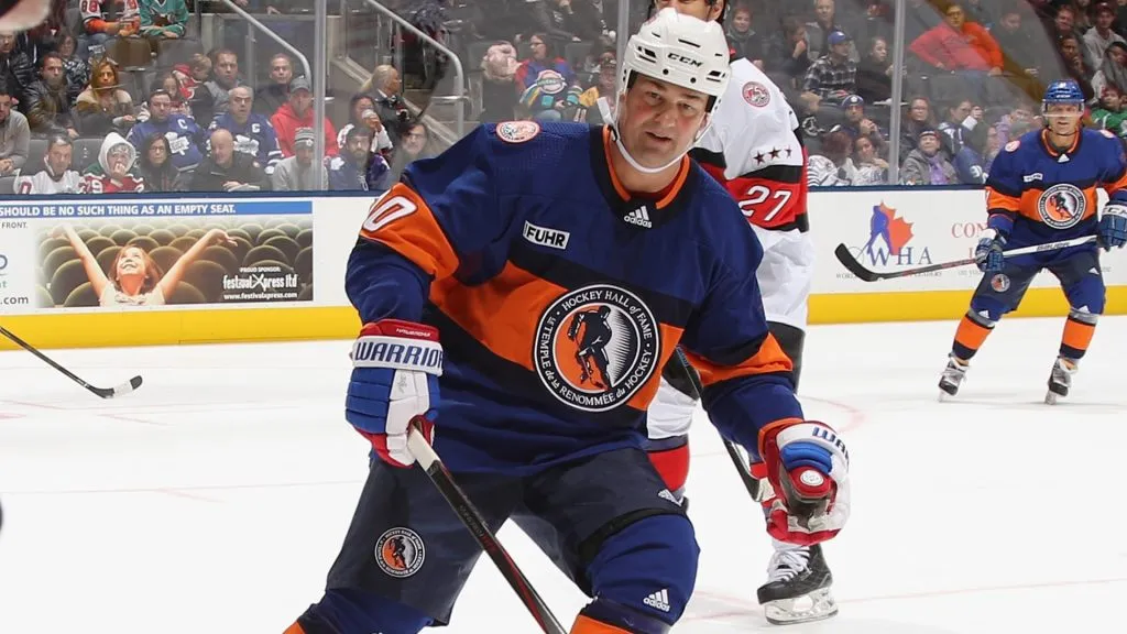 Dale Hawerchuk #10 of Team Fuhr skates against the Team Belfour during the 2018 Hockey Hall of Fame Legends Classic Game at the Scotiabank Place on November 11, 2018. (Source: Bruce Bennett/Getty Images)