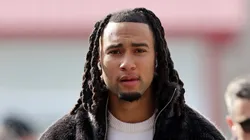 C.J. Stroud #7 of the Houston Texans arrives prior to the AFC Divisional Playoff against the Kansas City Chiefs at GEHA Field at Arrowhead Stadium on January 18, 2025 in Kansas City, Missouri.