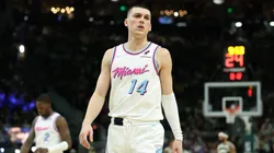 Tyler Herro #14 of the Miami Heat walks backcourt during a game against the Milwaukee Bucks at Fiserv Forum.