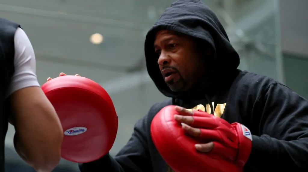 Chris Eubank Jr. of England takes part in the BOXXER Media Work Out with his coach Roy Jones Jnr ahead of his forthcoming fight with Liam Williams of Wales, at the Capitol Shopping Centre on February 02, 2022 in Cardiff, Wales. The bout takes place on Saturday 5 February 2022 at Motorpoint Arena, Cardiff, Wales, United Kingdom. (Photo by Huw Fairclough/Getty Images)