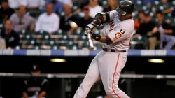 Barry Bonds launches his 762nd career home run off of Ubaldo Jimenez of the Colorado Rockies in the first inning to give the Giants a 2-0 lead over the Rockies at Coors Field in 2007.
