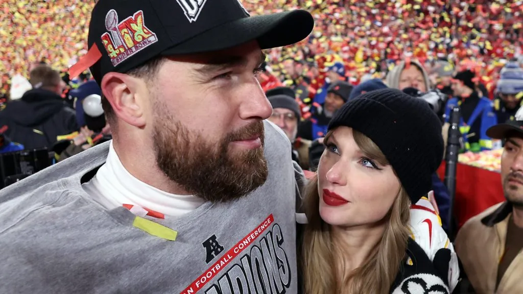 Travis Kelce and Taylor Swift celebrating after the AFC Championships in 2025 (Jamie Squire/Getty Images)