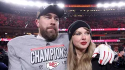 Taylor Swift celebrates with Travis Kelce after the Kansas City Chiefs won the AFC Championship Game