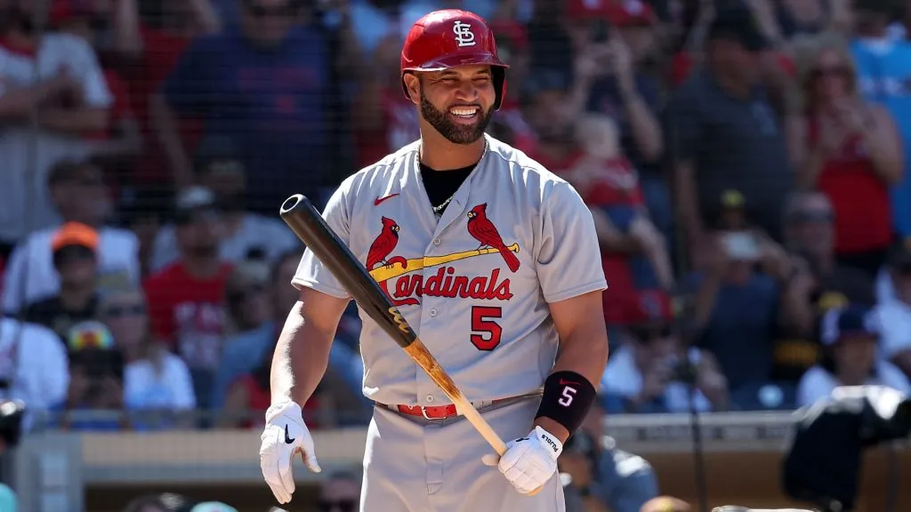 Albert Pujols #5 of the St. Louis Cardinalslooks on at bat during the sixth inning of a game against the San Diego Padres in 2022. (Source: Sean M. Haffey/Getty Images)