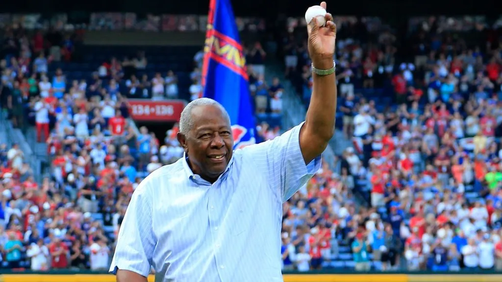 Hall of Famer Hank Aaron throws out the ceremonial last pitch at Turner Field to Bobby Cox after the game between the Atlanta Braves and the Detroit Tigers in 2016. (Source: Daniel Shirey/Getty Images)