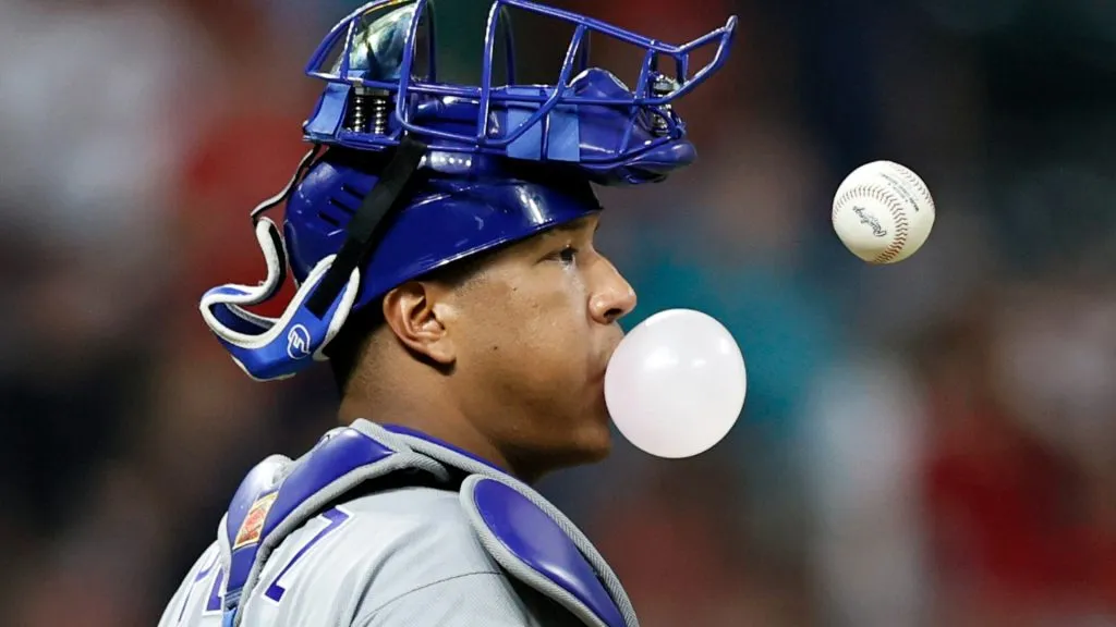 Salvador Perez waits on the mound for relief pitcher Jake Brentz #59 against the Cleveland Indians during the seventh inning at Progressive Field on July 08, 2021. (Source: Ron Schwane/Getty Images)