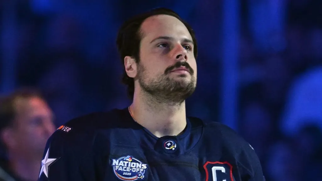 Auston Matthews #34 of Team USA prepares to play against Team Finland in the NHL 4 Nations Face-Off at Bell Centre on February 13, 2025 in Montreal, Quebec, Canada.