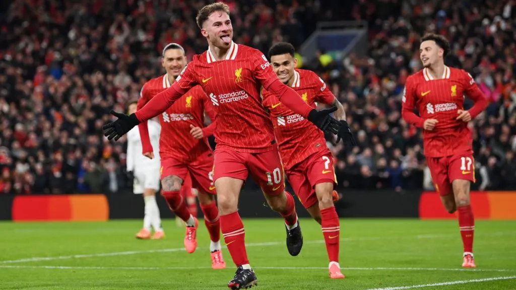 Alexis Mac Allister of Liverpool celebrates scoring his team’s first goal during the UEFA Champions League 2024/25 match between Liverpool FC and Real Madrid C.F. (Justin Setterfield/Getty Images)