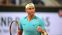 Rafael Nadal of Spain celebrates a point against Alexander Zverev during the 2024 Roland Garros.