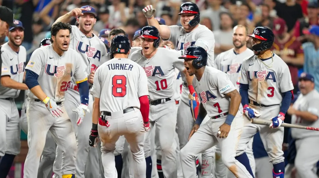Trea Turner #8 of The United States celebrates with teammates after hitting a grand slam during the eighth inning of a 2023 World Baseball Classic Quarterfinal game against The United States at loanDepot park on March 18, 2023 in Miami, Florida. (Photo by Eric Espada/Getty Images)