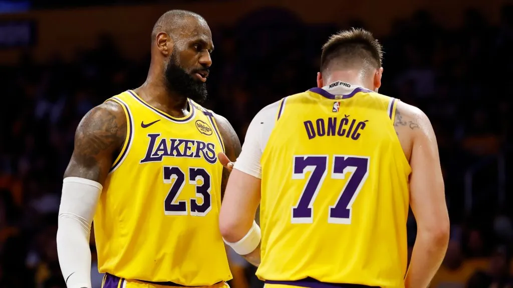 LeBron James talking to Luka Doncic