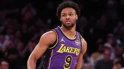 Bronny James #9 of the Los Angeles Lakers in action against the New York Knicks during their game at Madison Square Garden on February 01, 2025 in New York City.