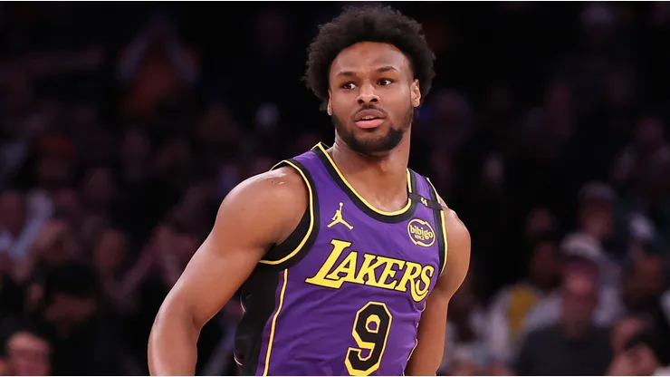Bronny James #9 of the Los Angeles Lakers in action against the New York Knicks during their game at Madison Square Garden on February 01, 2025 in New York City.