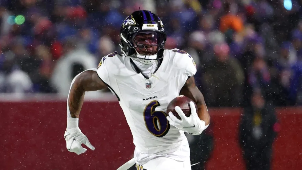 Anthony Miller #6 of the Baltimore Ravens runs the ball against the Buffalo Bills in the second quarter during the AFC Divisional Playoff at Highmark Stadium on January 19, 2025 in Orchard Park, New York.
