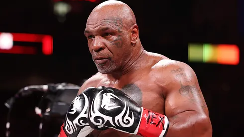 Mike Tyson fights during LIVE On Netflix: Jake Paul vs. Mike Tyson at AT&T Stadium on November 15, 2024 in Arlington, Texas.