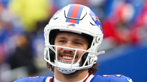 Josh Allen #17 of the Buffalo Bills warms up prior to playing the Denver Broncos during the AFC Wild Card Playoffs at Highmark Stadium on January 12, 2025 in Orchard Park, New York.