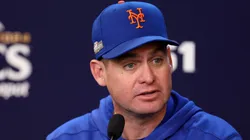 Manager Carlos Mendoza of the New York Mets speaks to the media during a press conference before Game Five of the Championship Series against the Los Angeles Dodgers at Citi Field on October 18, 2024 in the Queens borough of New York City.