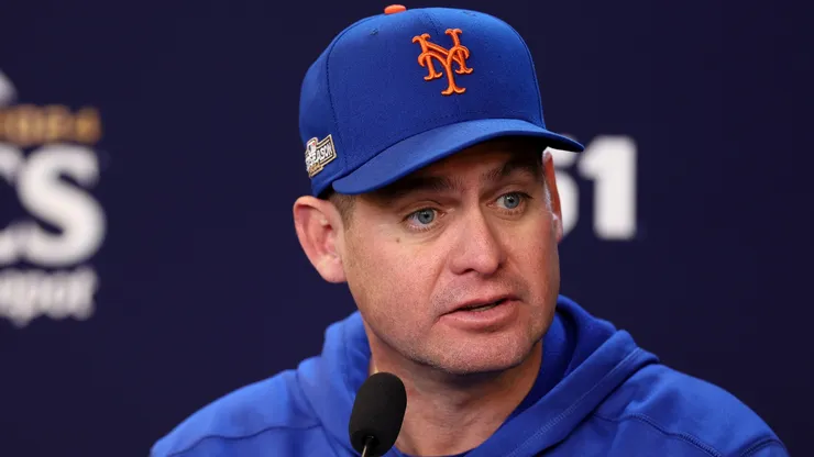 Manager Carlos Mendoza of the New York Mets speaks to the media during a press conference before Game Five of the Championship Series against the Los Angeles Dodgers at Citi Field on October 18, 2024 in the Queens borough of New York City.
